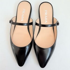 Prada Black Spazzolato Leather Mary Jane Mules Pointed Toe flats EU 37.5